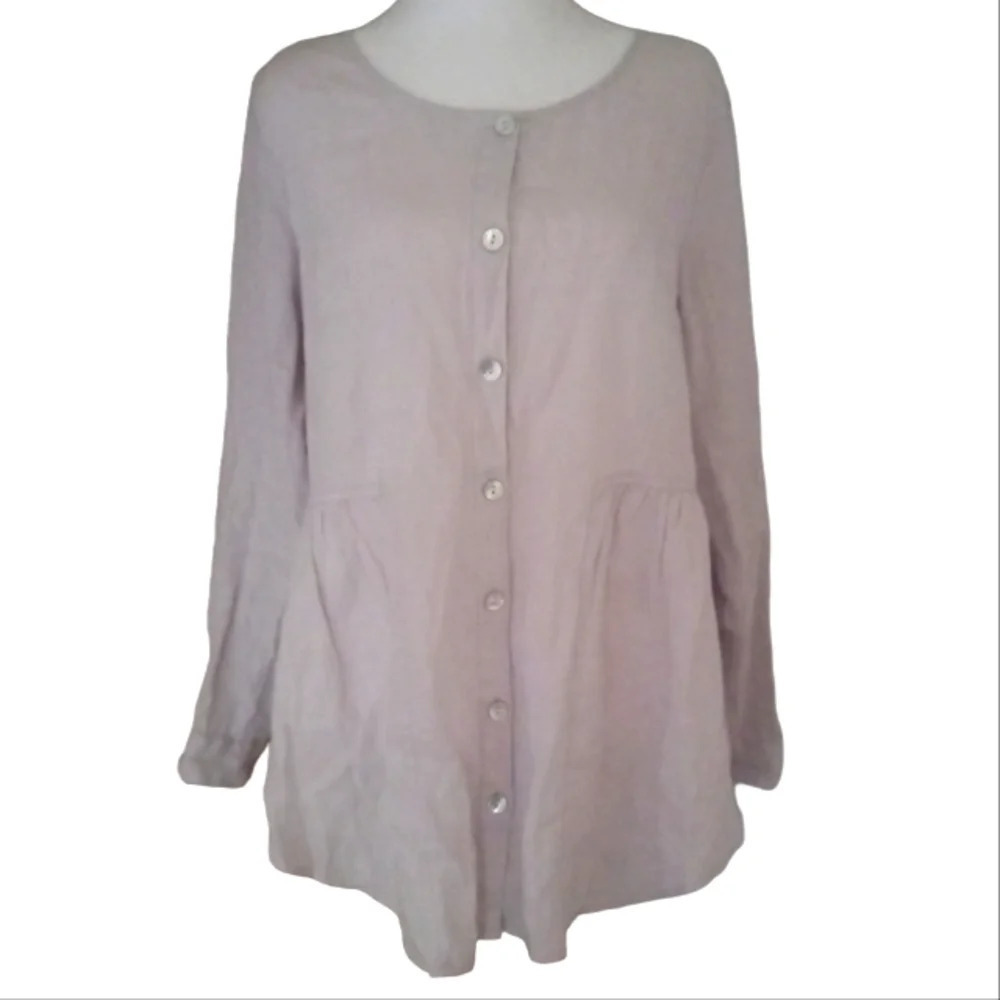 Sigrid Olsen Light Purple Button Front 100% Linen Peplum Style Blouse Sz Small